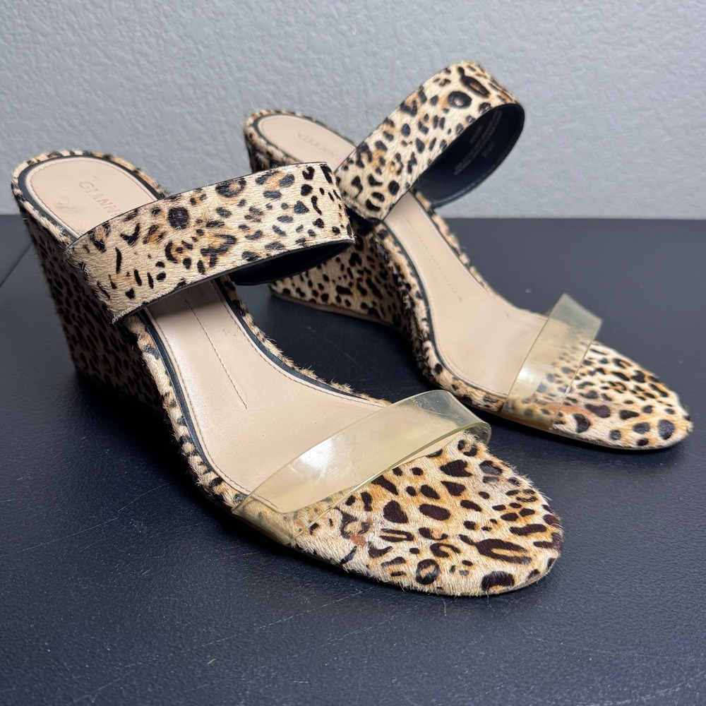 Gianni Bini Wylinn‎ Leopard Print Calf Hair Wedge Sandals Clear Strap 9.5M